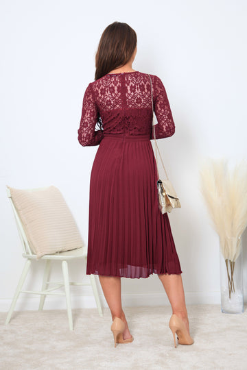 Red Long Sleeve Lace Pleated Dress Double Second